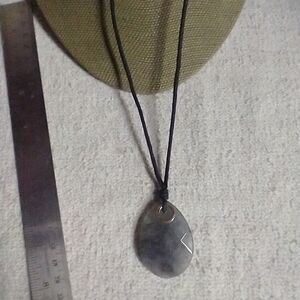 Long black cord grey rock 🪨 necklace goldtone accents